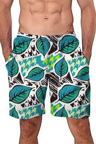 Summer Stylish Green Leaf Printed Loose Casual Beach Board Shorts Swim Trunks