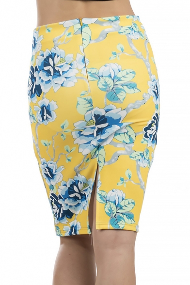 Summer Trendy Yellow Floral Printed Split Back Mini Bodycon Skirt