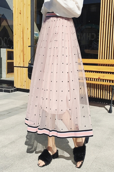 Summer Unique Fancy Polka Dot High Rise Stripe Hem Maxi A-Line Gauze Skirt