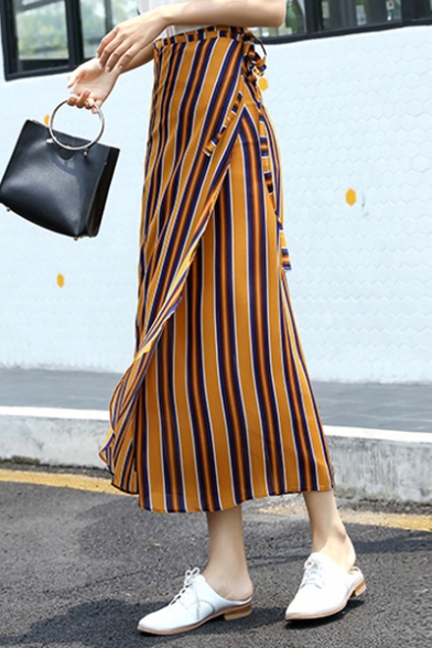 Summer Yellow Stripe Printed Tied Waist High Slit Side Maxi Wrap Skirt