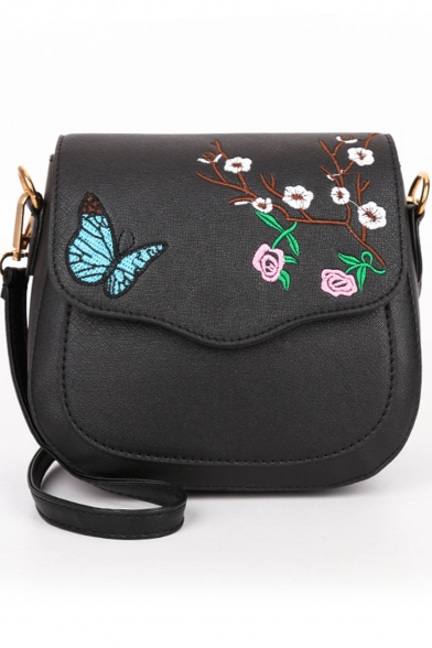 Trendy Butterfly Floral Embroidery Pattern Crossbody Saddle Bag 19*9*16 CM