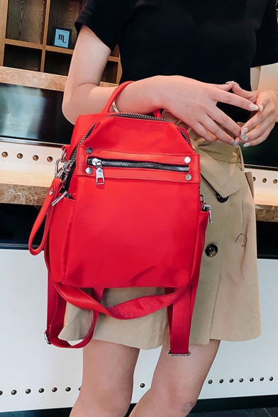 Trendy Plain Zipper Rivet Detail Waterproof Oxford Cloth Shoulder Bag Backpack 21*11*24 CM