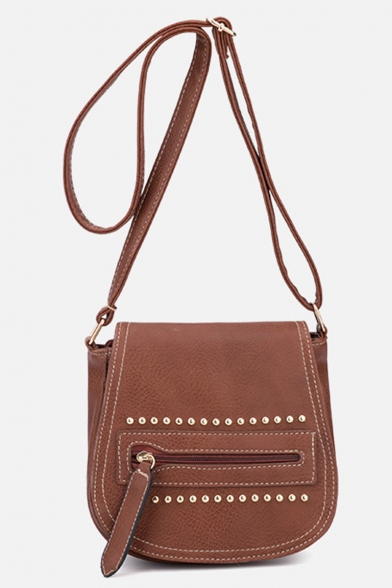 Trendy Plain Zipper Rivet embellishment Crossbody Saddle Bag 20*8*18 CM