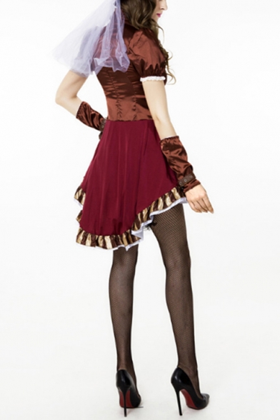 Vintage Steampunk Halloween Cosplay Costume Puff Sleeve Lace Up Red Mini Party Dress