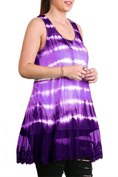 Women'a Summer Tie-dye Printed Sleeveless Scoop Neck Lace Insert Mini Tank Dress