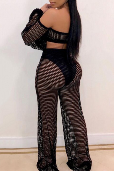 Women New Off the Shoulder Long Sleeves Cutout Waist Sexy Fishnet Hollow Out Wide Leg Two-Piece Set