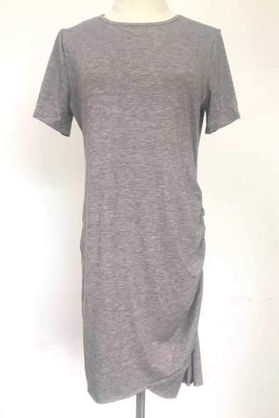 Women's Basic Simple Plain Short Sleeve Round Neck Mini Sheath T-Shirt Dress