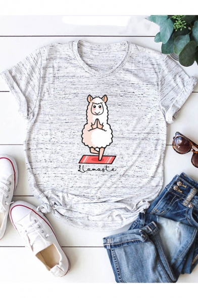 Women's Casual Letter Yoga Sheep Printed Round Neck Short Sleeve Cotton Graphic T-Shirt