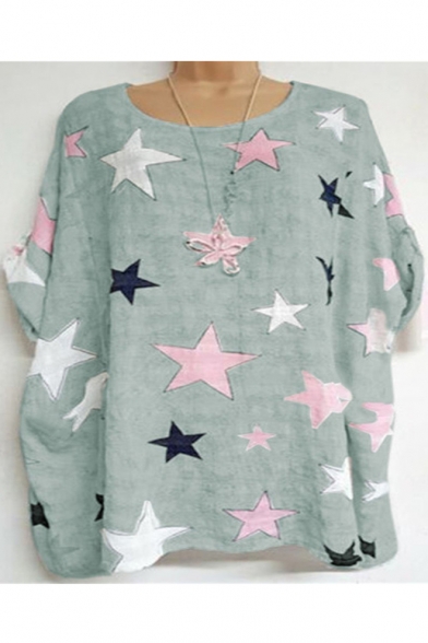 Women's Hot Fashion Unique Star Printed Round Neck Half Sleeve Casual Relaxed T-Shirt