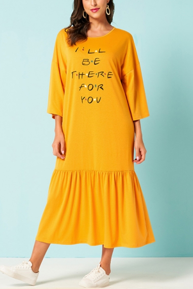 

Women' Lovely Ginger I'LL BE THERE FOR YOU Letter Printed Round Neck Long Sleeve Ruffle Detail Maxi Jersey T-Shirt Dress, LM523784