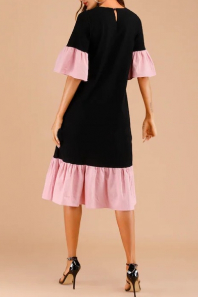 Women's New Trendy Color Block Round Neck Flare Half Sleeve Ruffle Detail Black Shift Dress With Pockets