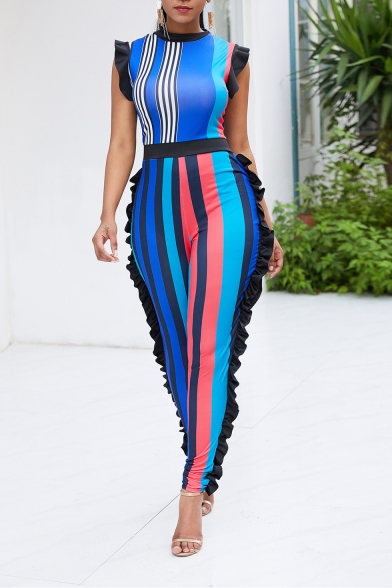 Women's Sexy Stripes Sleeveless Ruffle Details Night Club Skinny Jumpsuits