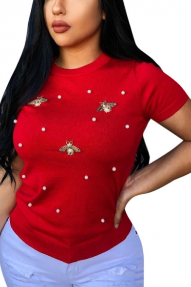Women's Stylish Bead-Embellished Printed Round Neck Short Sleeve Plus Size T-Shirt