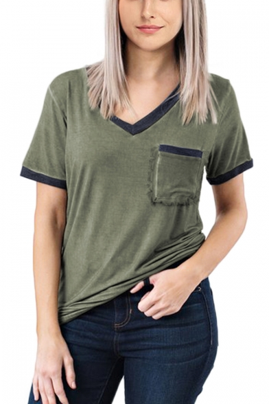 Women's Summer Solid Color V-Neck Short Sleeve Pocket Patched Chest Loose T-Shirt