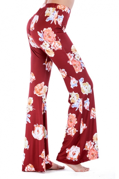 Women's Trendy Burgundy Floral Printed Wide Leg Flared Pants