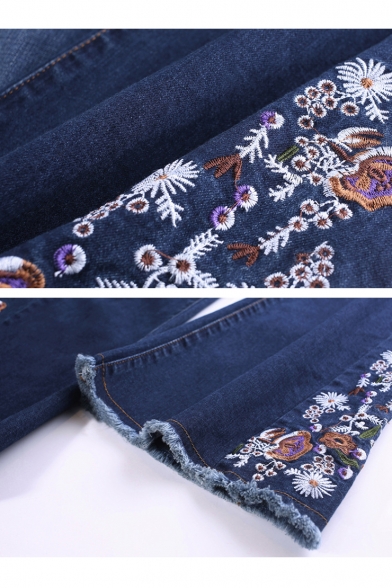 Women's Trendy Chic Floral Embroidery Fringed Hem Slim Fit Flare Jeans