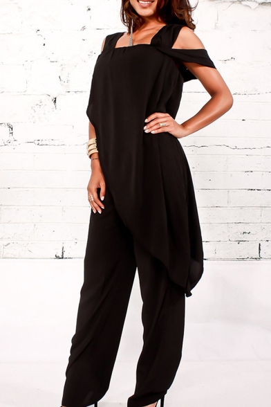 Women's Trendy Solid Color High Waist Chiffon Loose Pants Jumpsuits