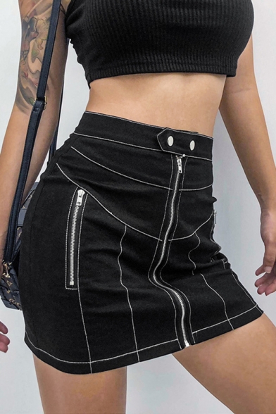 Womens Cool Street Fashion Contrast Stitching Zipper Front Mini Black Denim Skirt