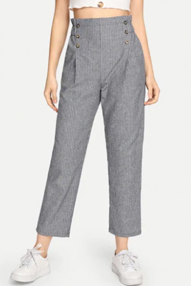 Womens Grey Stripe Printed Double Button-Fly Front Straight Fit Capri Pants