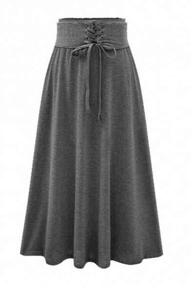 Womens High Rise Lace-Up Front Solid Color Long Full Skirt Modal Skirt