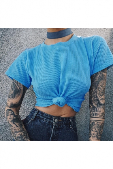 Womens New Fashion Solid Color Blue Short Sleeve Summer Tee with Choker