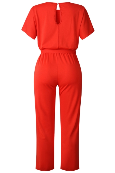 Womens New Stylish Solid Color Short Sleeve Tied Waist Casual Jumpsuits