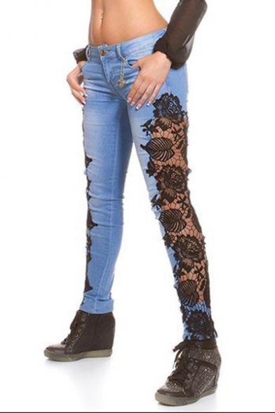 Womens New Trendy Sexy Lace Hollow Out Side Blue Slim Fit Jeans