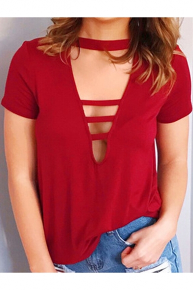 Womens Sexy Cutout V-Neck Short Sleeve Solid Color Casual Loose T-Shirt