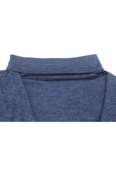 Womens Simple Plain Halter V-Neck Long Sleeve Popular Blue Casual T-Shirt