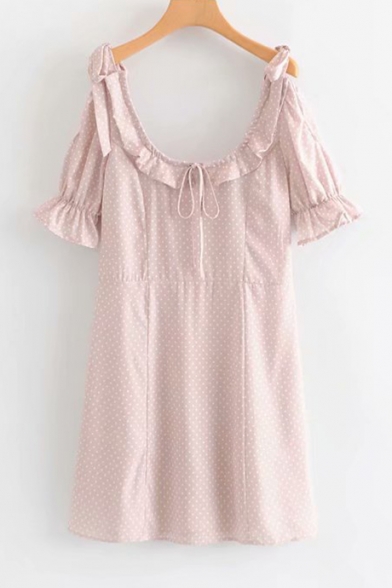 Womens Vintage Tied Front Ruffled Scoop Neck Short Sleeve Polka Dot Print Pink Mini A-Line Dress