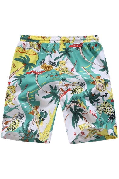 Awesome Drawstring Mens Trees Beachside Swim Trunks with Pockets