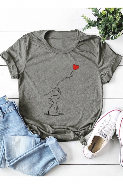 Cute Cartoon Heart Elephant Printed Basic Short Sleeve Cotton Tee