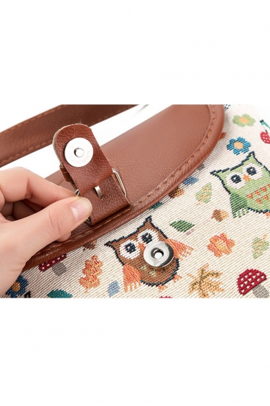 Cute Cartoon Owl Painted Khaki Canvas Long Strap Crossbody Bag 23*4*20 CM