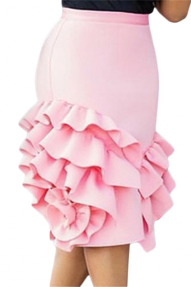 Designer Unique Fashion Ruffled Hem Summer Pink Mini Bodycon Skirt