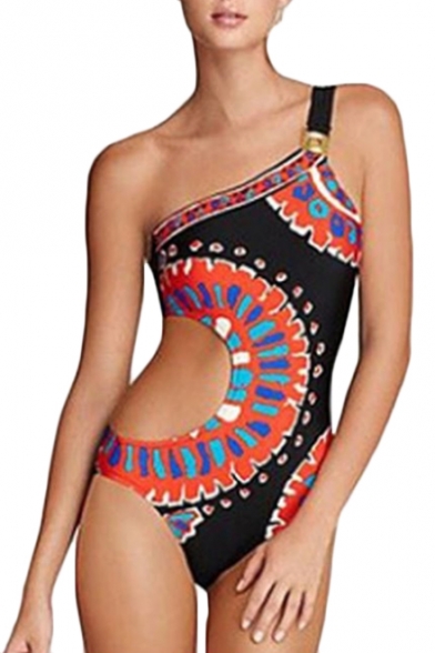 Ethnic Style Fashion Pattern One Shoulder Sexy Cutout Womens One Piece Swimsuit in Black