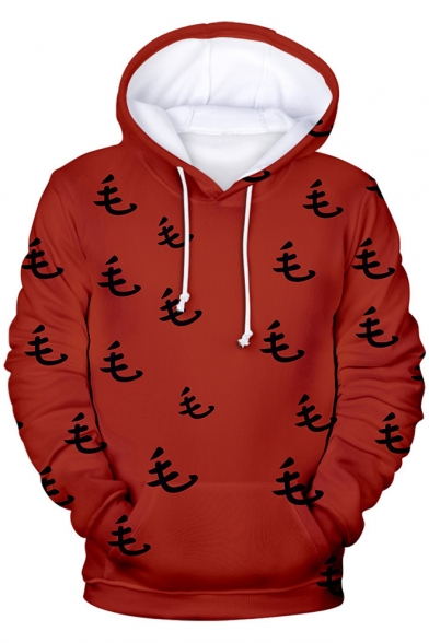 Fashion Allover Chinese Character Printed Pullover Regular Fit Hoodie