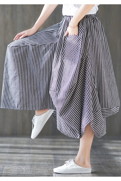 Fashion Black Vertical Stripe Printed Linen Midi Bubble Skirt