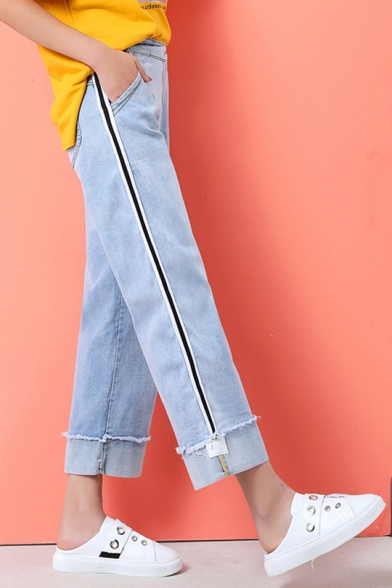 Fashion Light Blue Patched Fringed Hem Stripe Side Womens Wide-Leg Jeans