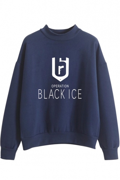 Fashion Logo Letter BLACK ICE Printed Mock Neck Long Sleeve Pullover Sweatshirt