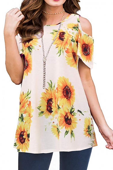 Fashion Sunflower Printed Cold Shoulder White Casual T-Shirt