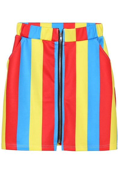 Fashion Unique Colorful Stripe Printed Zipper Front Mini A-Line Skirt