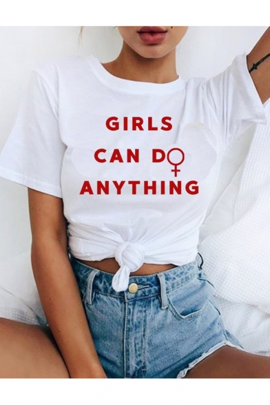 GIRLS CAN D ANYTHING Simple Cool Letter Print Casual White Tee