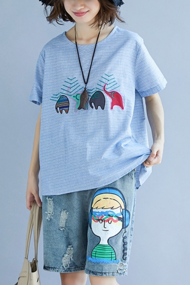 

Girls Summer Cute Cartoon Elephant Printed Light Blue Striped Linen Loose T-Shirt, LM525337