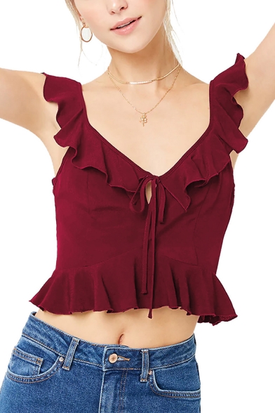 Girls Summer Solid Color Ruffled Tied V-Neck Sleeveless Cropped Top