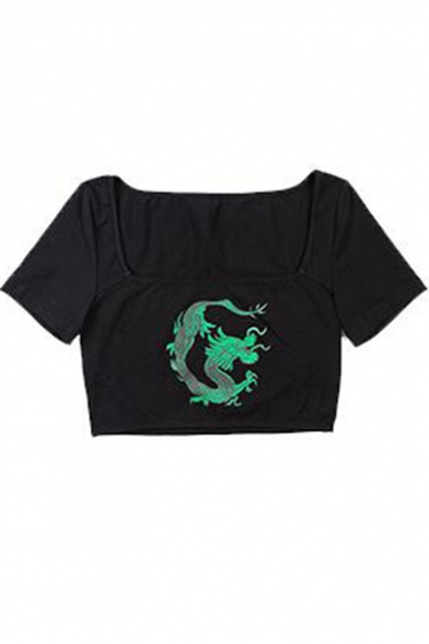 Girls Summer Streetwear Cool Dragon Printed Square Neck Short Sleeve Slim Fit Black Cropped Tee