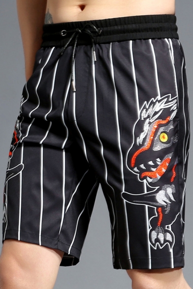 Guys Summer Black Striped Printed Drawstring Waist Cotton Loose Swim Shorts