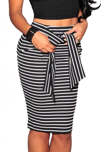 High Rise Tied Waist Fashion Stripe Printed Knee Length Bodycon Skirt