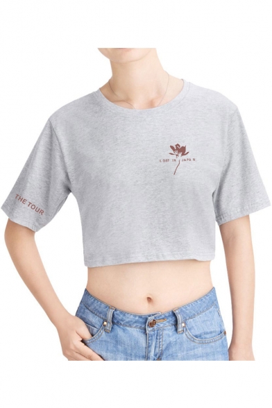 

Hot Fashion Floral Letter THE TOUR Print Short Sleeve Cropped T-Shirt, Black;pink;white;gray, LM517817