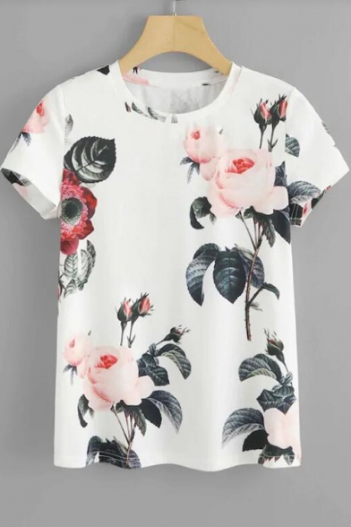 Hot Fashion Floral Printed Round Neck Womens White T-Shirt