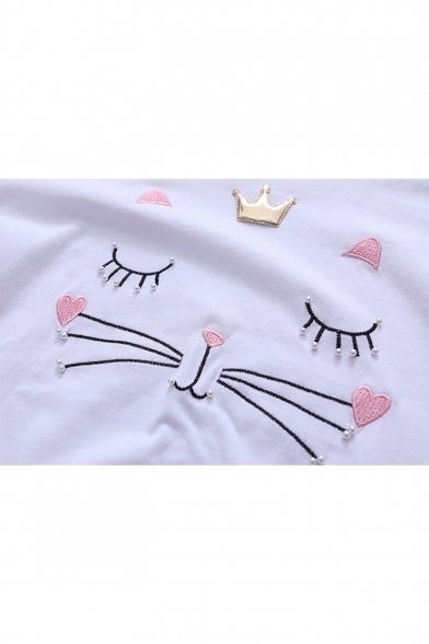 Lovely Cartoon Cat Embroidery Short Sleeve Relaxed T-Shirt